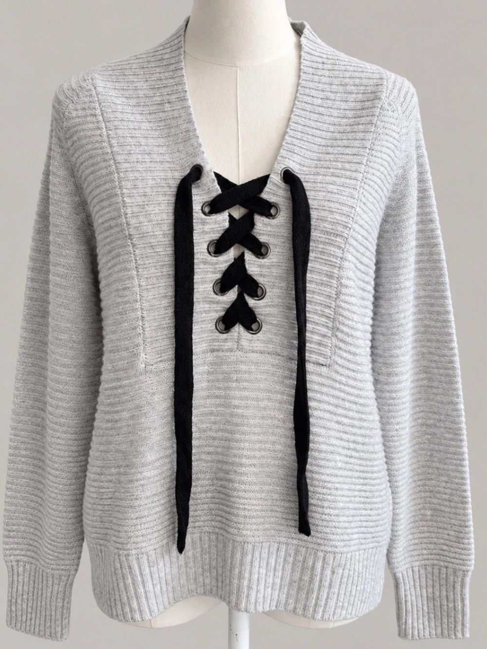Lucky Brand Women’s XS Wool Blend Lace Up Sweater Oatmeal Boho Knit